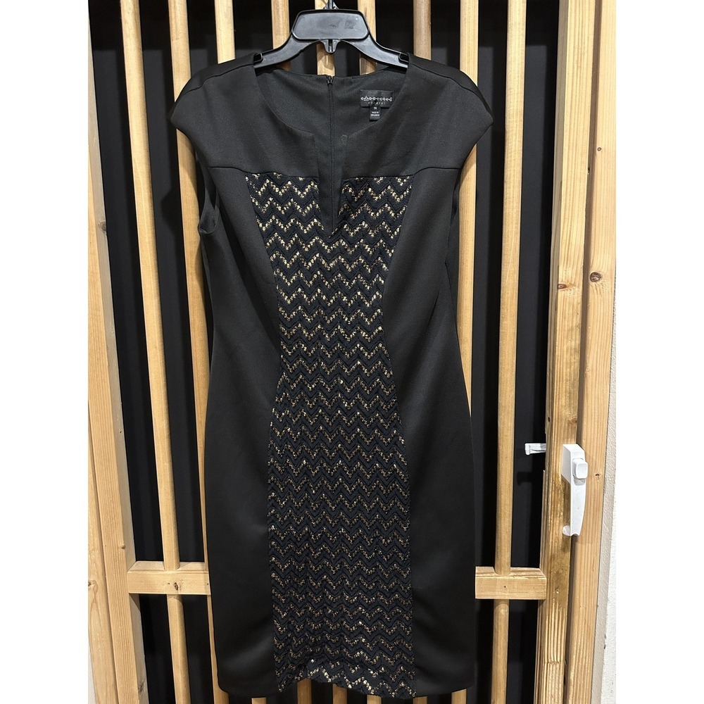 Connected Apparel Dress Womens 14 Black Gold Sheath Cap Sleeve Zigzag Party